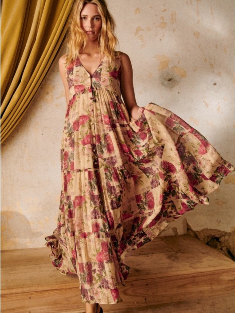 SEZANE Cream Red Rose Floral Patchwork Sleeveless Flowy Silk Alameda Maxi Dress - Picture 5 of 16